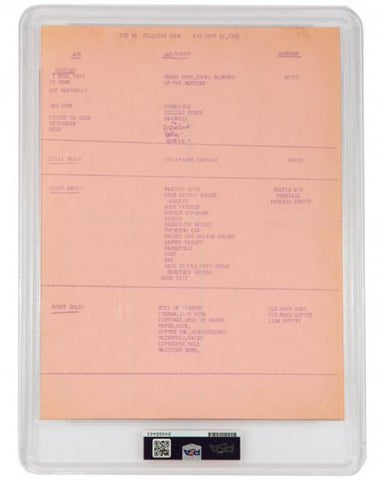 Original 1965 cue sheet signed by The Beatles - John Lennon, Paul McCartney, Ringo Starr, and George Harrison. Displayed in a protective encapsulation case, authenticated by PSA/DNA