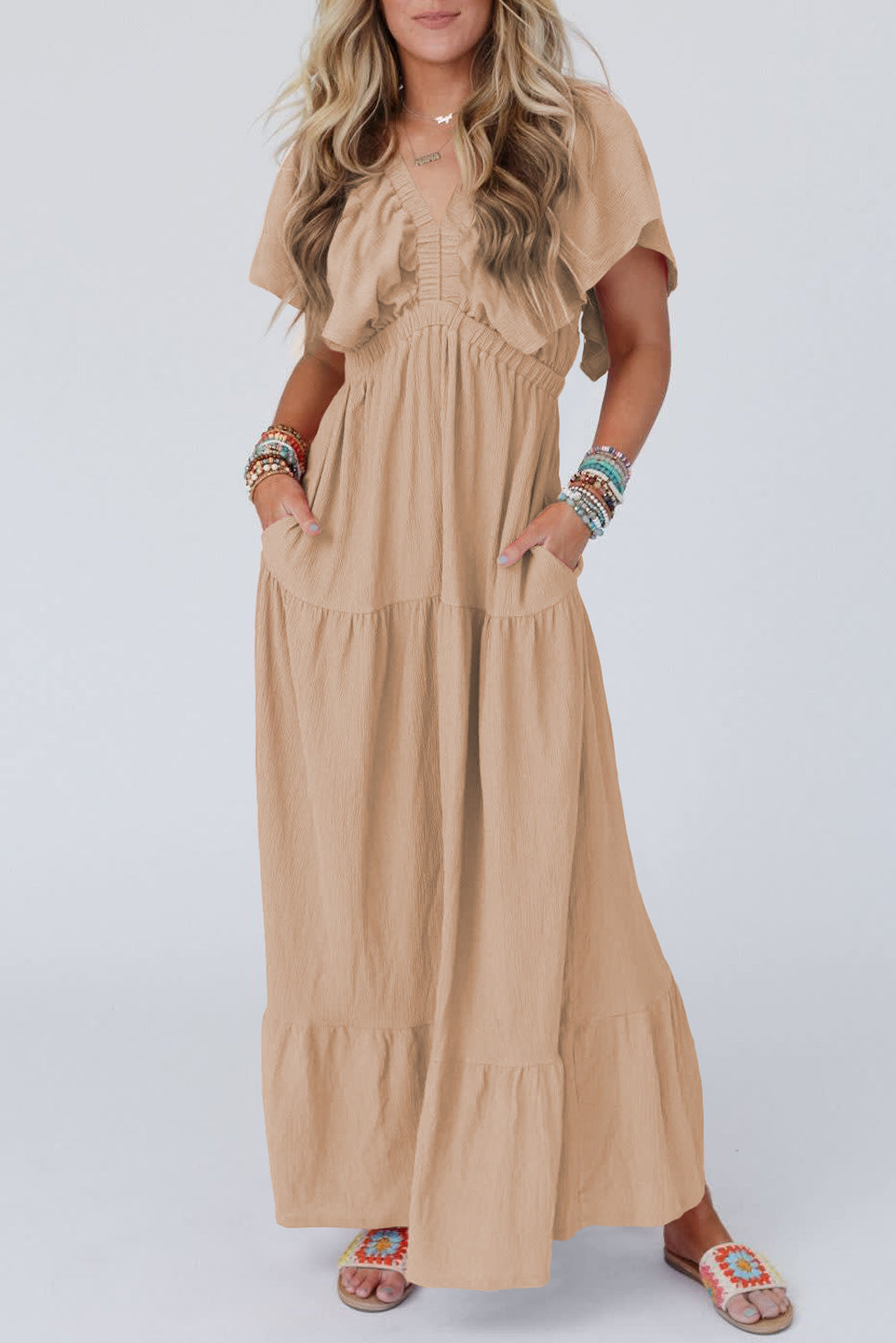 Rose Pink Textured V Neck Flutter Sleeve Ruffled Maxi Dress