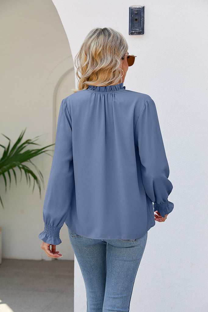 Notched Neck Button-UP Smocked Flounce Sleeve Blouse