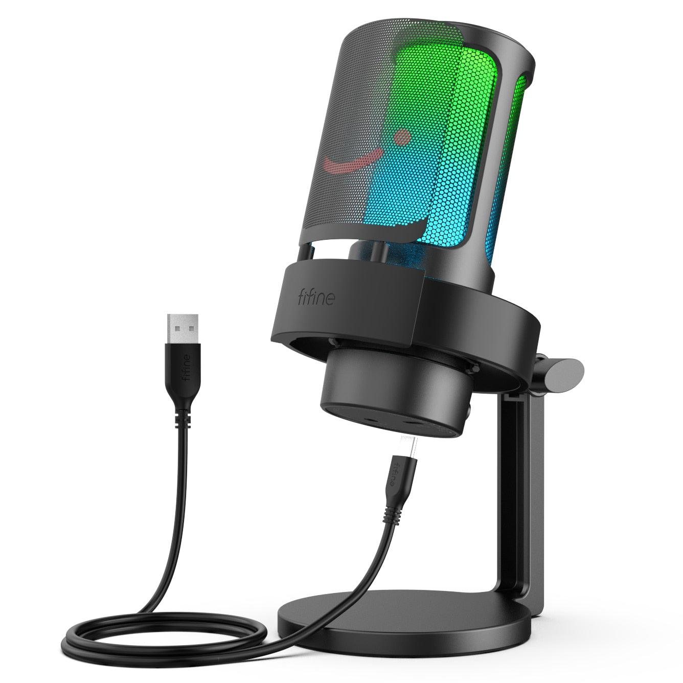 FiFine Microphone for Recording and Streaming on PC and Mac USB with 3 RGB Modes A8 Headphone Output and Touch-Mute Button