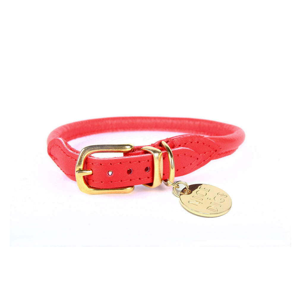 red rolled leather dog collar