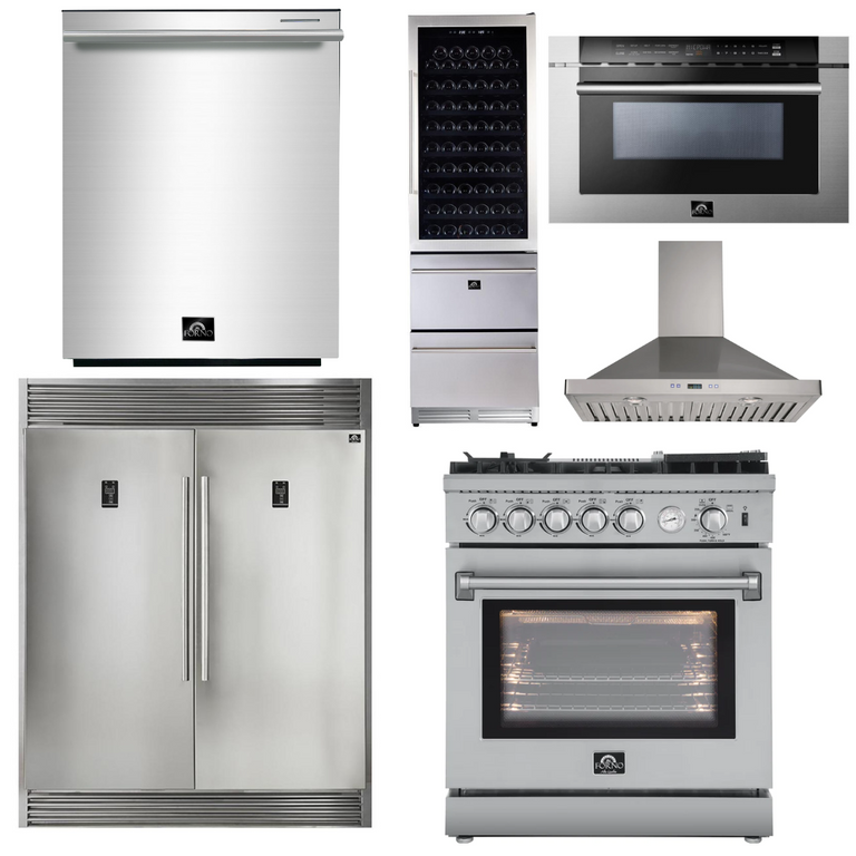 Forno Appliance Package - 30" Gas Range, 30" Range Hood, 60" Refrigerator, Dishwasher, Microwave Drawer, Wine Cooler, AP-FFSGS6276-30-W-9
