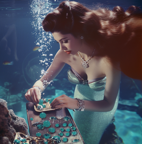 Mermaid choosing aquamarine gemstones