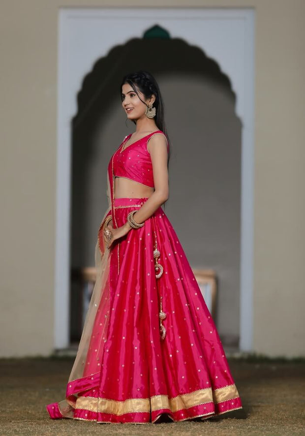 Deep Pink Georgette Thread With Sequince Embroidered Lehenga