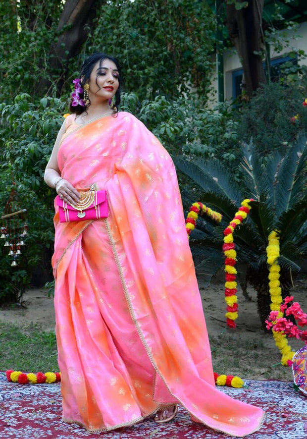 Pink-Orange Banarasi Bandhani Junglo saree - Bandhani