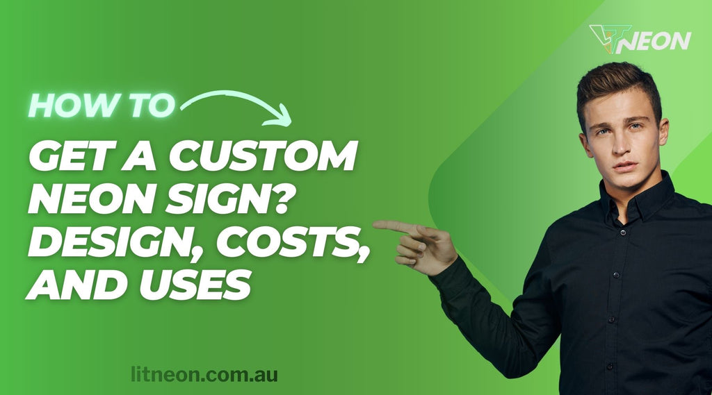 A man wearing black shirt pointing the text how to get a custom neon sign?