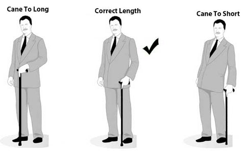 man with proper cane height to short and to long 