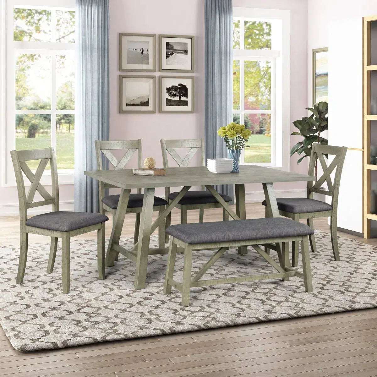 6 Piece Dining Table Set Wood Dining Table and chair Kitchen Table Set with Table; Bench and 4 Chairs; Rustic Style; White+Gray
