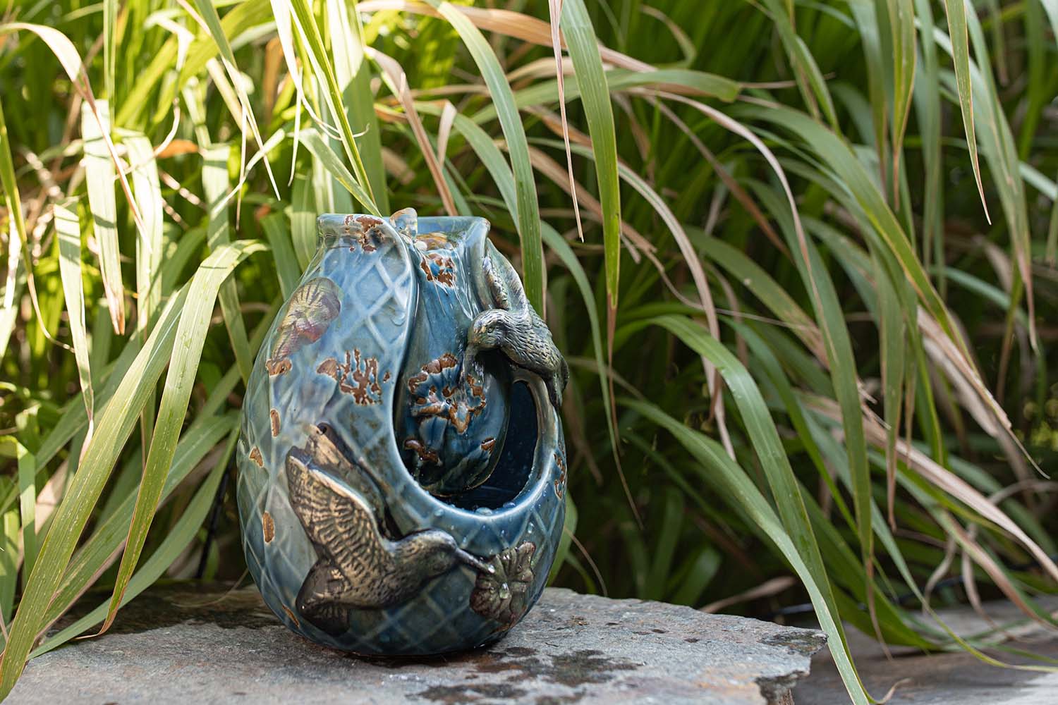 blue verdigris hummingbird water fountain, foreside home and garden