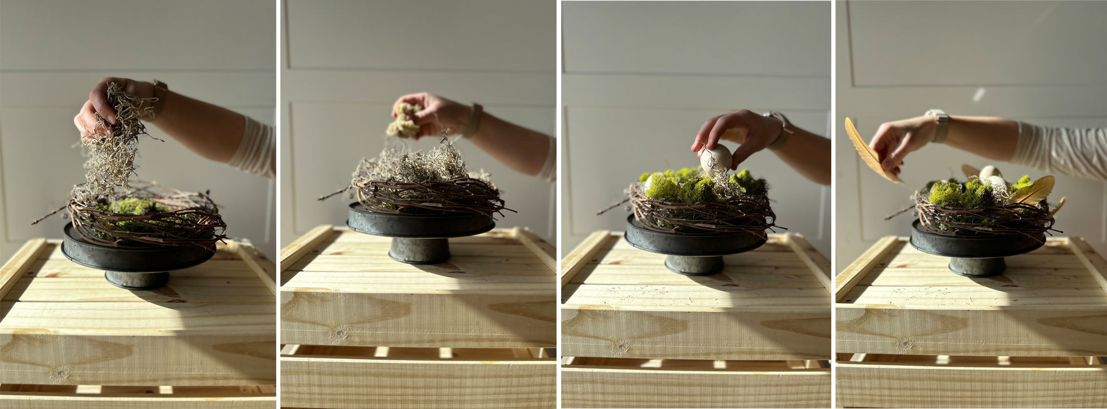 steps for creating a decorative spring riser, birds nest display with ceramic eggs and feathers