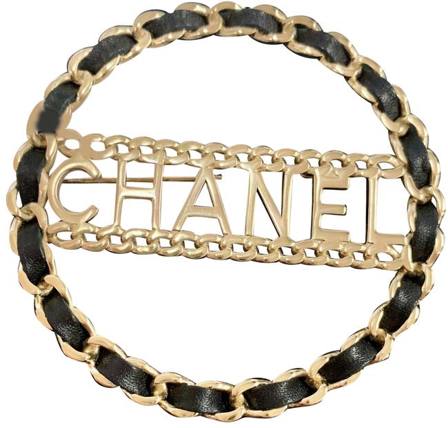 Chanel Goldtone Chain Choker w/ Black Leather and CC Rhinestone - circa 1998