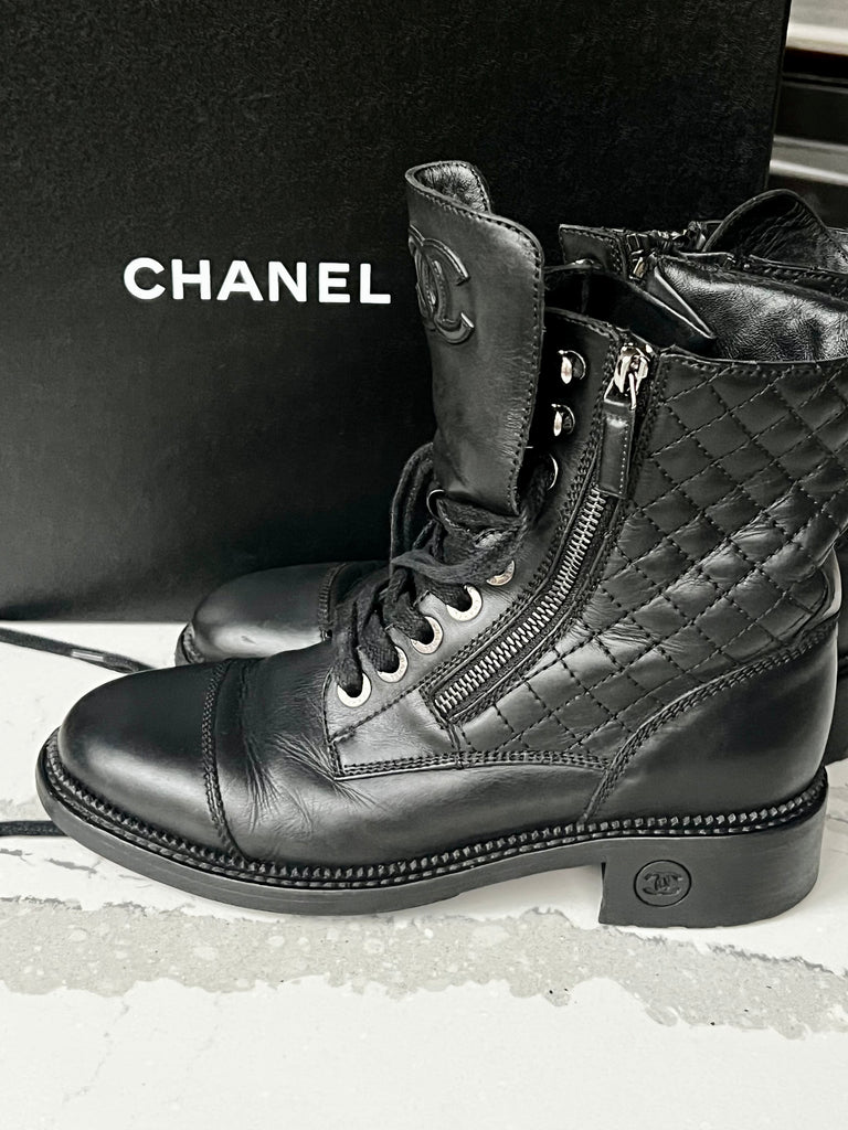 Chanel black quilted leather lace up combat boots  – The Find