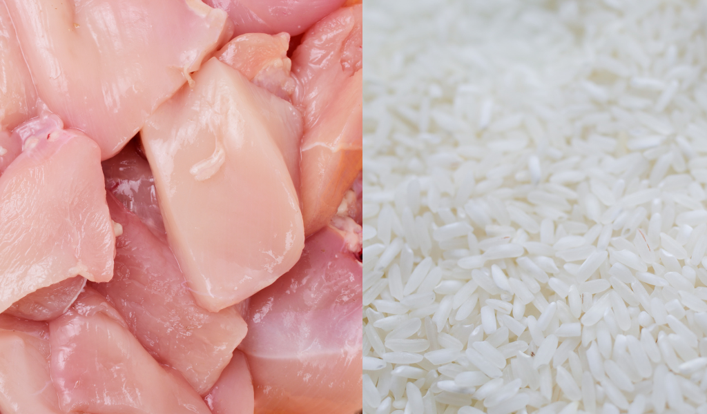 Half a picture is a lean chicken breast pieces - uncooked, half an image uncooked white rice.