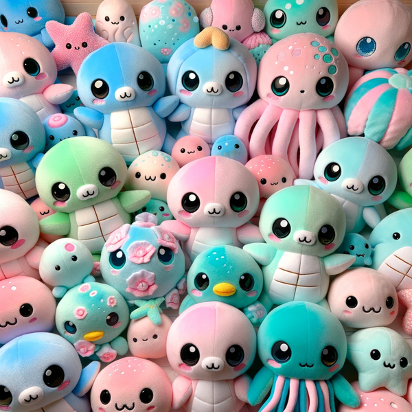 Aquatic creatures are transformed into Kawaii plushies through a variety of design elements that aim to emphasize their cuteness and charm