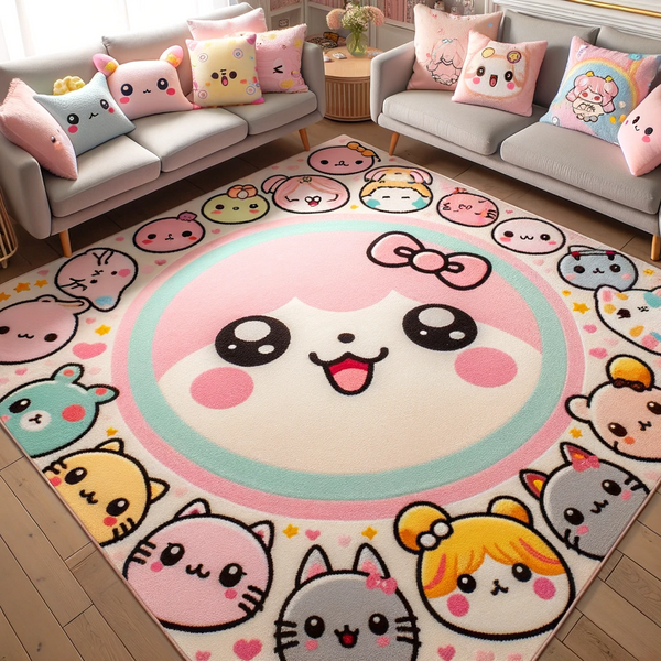 Kawaii home decor, rugs and carpets serve not just as functional floor coverings but also as vibrant expressions of cuteness and whimsy
