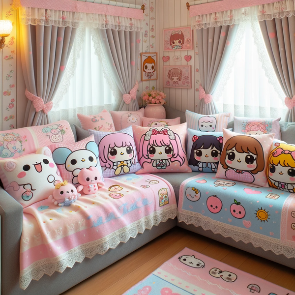 Kawaii home decor, soft furnishings like cushions, blankets, and curtains are integral in creating a comfortable, visually pleasing environment