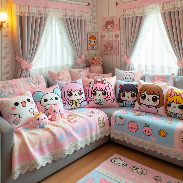 Decorazioni per la casa Kawaii, arredi morbidi come cuscini, coperte e tende sono parte integrante della creazione di un ambiente confortevole e visivamente piacevole