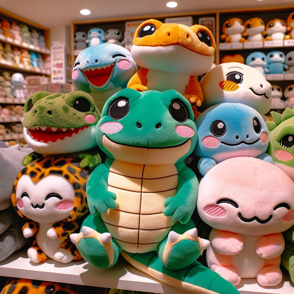 Reptile and amphibian Kawaii plushies, such as lizard, chameleon, snake, and frog plushies, bring the charm of cold-blooded creatures into the cuddly and cute world of stuffed toys