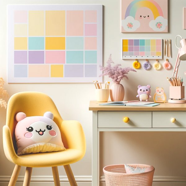 Le tavolozze di colori comunemente utilizzate nell'arredamento della casa Kawaii sono progettate per evocare sentimenti di gioia, nostalgia e fantasia