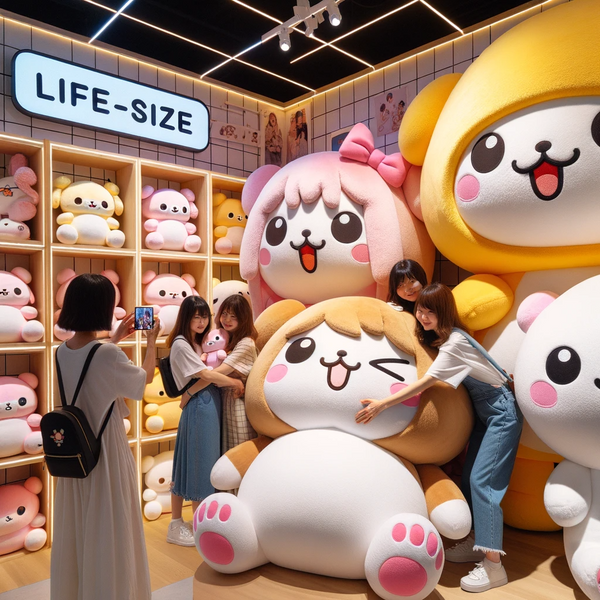 life-size Kawaii plushies do exist and they've gained quite a following for several reasons. These plushies can be as large as 4-6 feet or even bigger, designed to be the same size as the characters or animals they represent