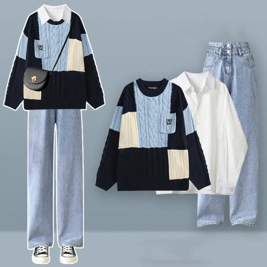 Cross Knit Sweater Shirt Flared Jeans Three Piece Set – Youeni