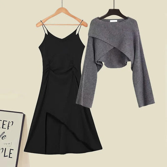 Preppy Cross Knit Sweater Lace Up Irregular Slip Dress Two Piece Set –  Youeni