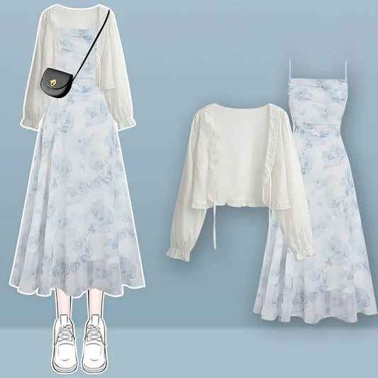 Elegant Floral Two-Piece Set: Vintage Cardigan and Lace-Up Slip Dress –  Youeni