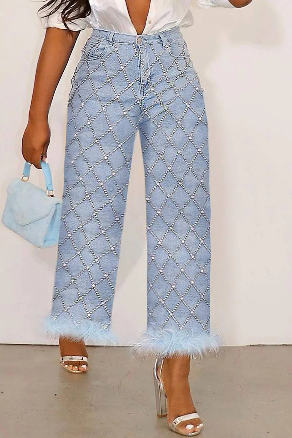 Light Blue Denim High Waist Straight Leg Feather Jean/Ankle-Length Pant