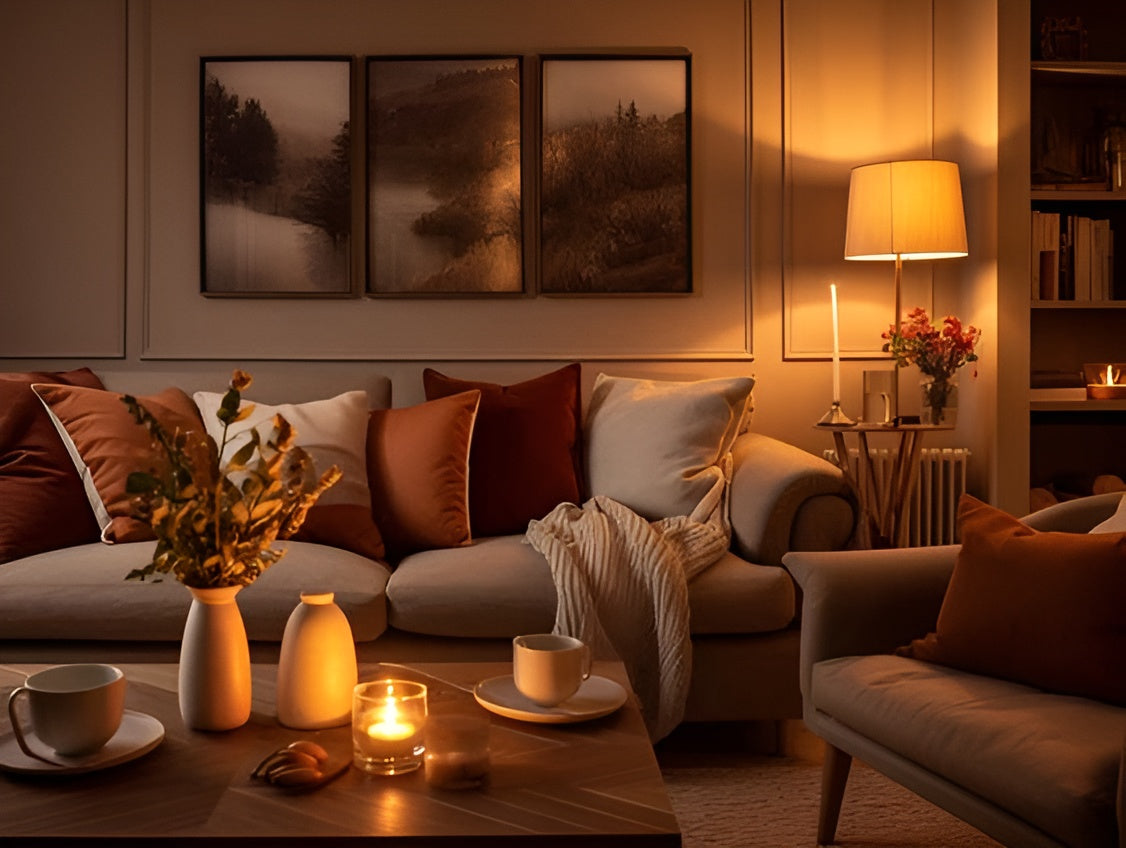 A warm and cozy living room, with a brown, relaxing and moody atmosphere.