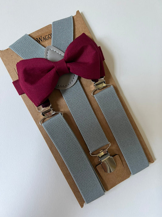 Gentleman's Guru Burgundy Floral Bow Tie & Suspenders Set