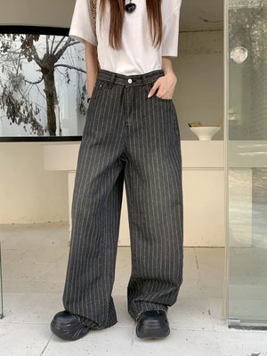 KG Ropa Y2K Fashion Vintage Striped Wide Leg Baggy Jeans Pants For Women Clothes Straight Washed Black Casual Lady Trousers - KAEDE GARDENS