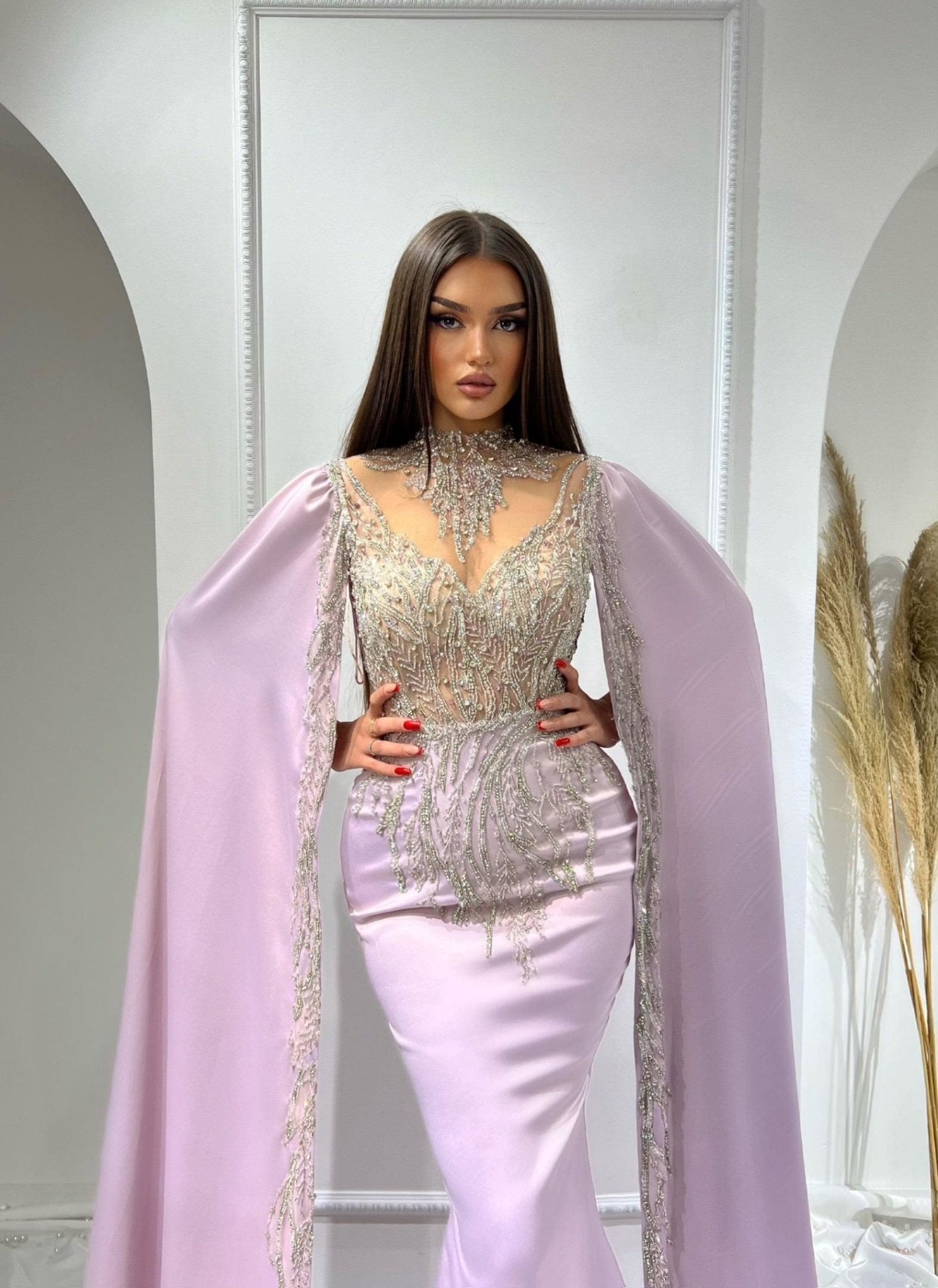 Afkoya Luxurious High Neck Side Cape Dress – Blini Fashion House