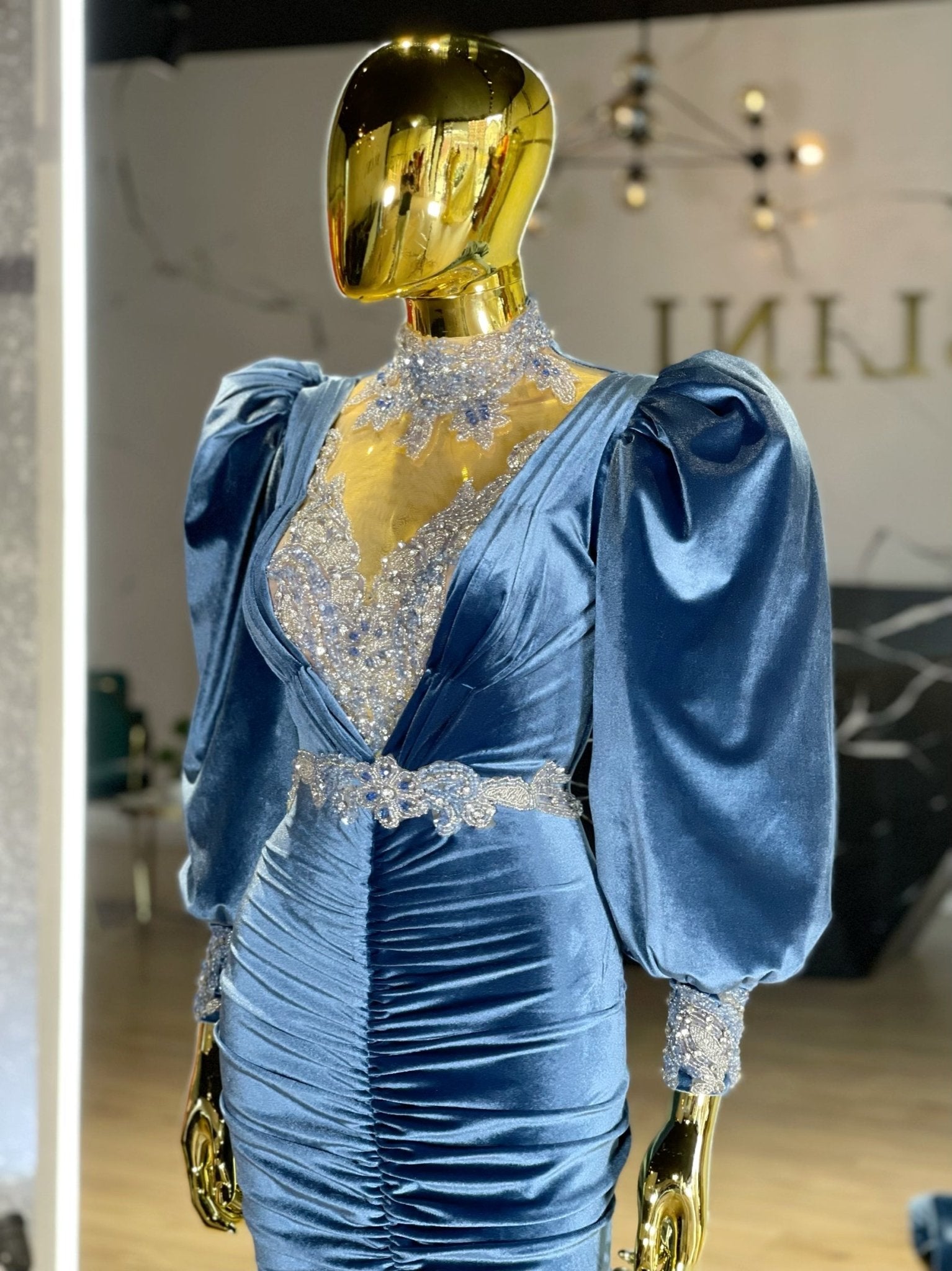 Mehan Velvet Puff Sleeve Dress with Shimmering Stones – Blini Fashion House