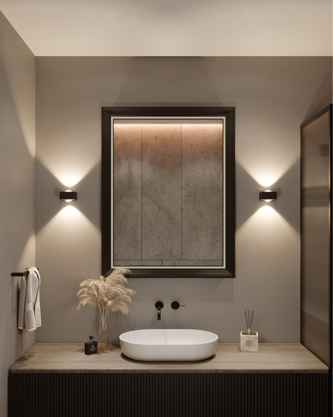 A bathroom scene with various top light lights and light mirrors