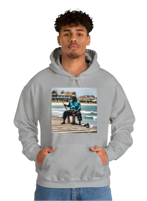 A Black fisherman sitting on pier fishing in front of beach - Artificial Printer - Pier Fishing