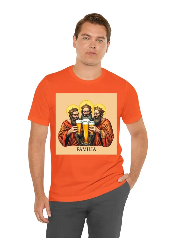 Make an shirt design with a name at the top "PG" and with a name at the buttom "FAMILIA" with a big design of 3 saint apostle drinking beers with exact 3 beers and one of them is smoking clothing design