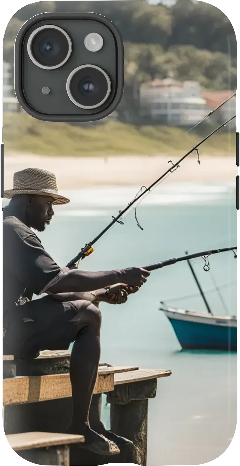 A Black fisherman sitting on pier fishing in front of beach