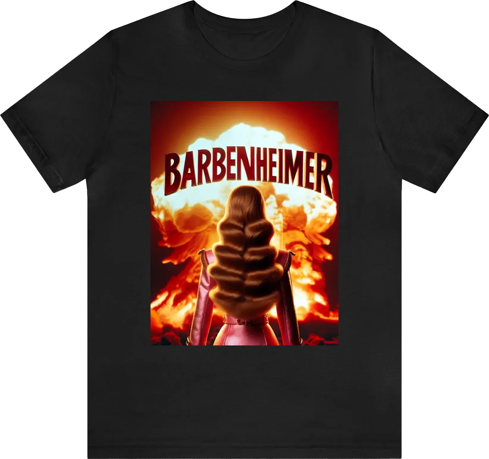 "barbenheimer" red text above barbie standing back to the camera with nuke mushroom on background