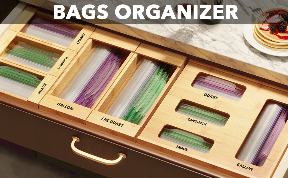 SpaceAid Bag Storage Organizer for Kitchen Drawer, Bamboo Organizer, Compatible with Gallon, Quart, Sandwich and Snack Variety Size Bag (1 Box 5 Slots