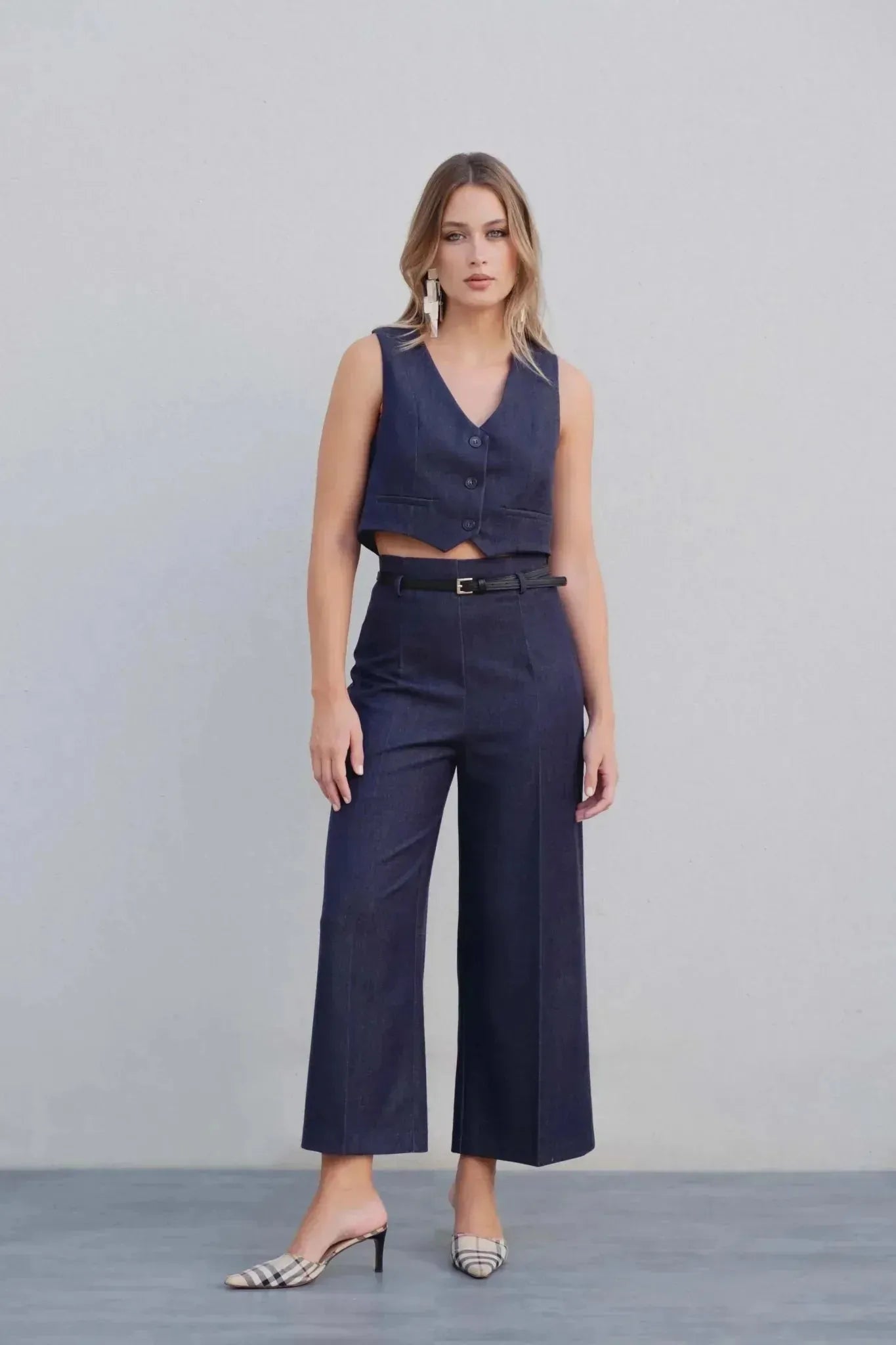 Pantalon Jambe Large Femme Bleu Indigo Cropped Avec Ceinture Ajustable et Tissu Extensible