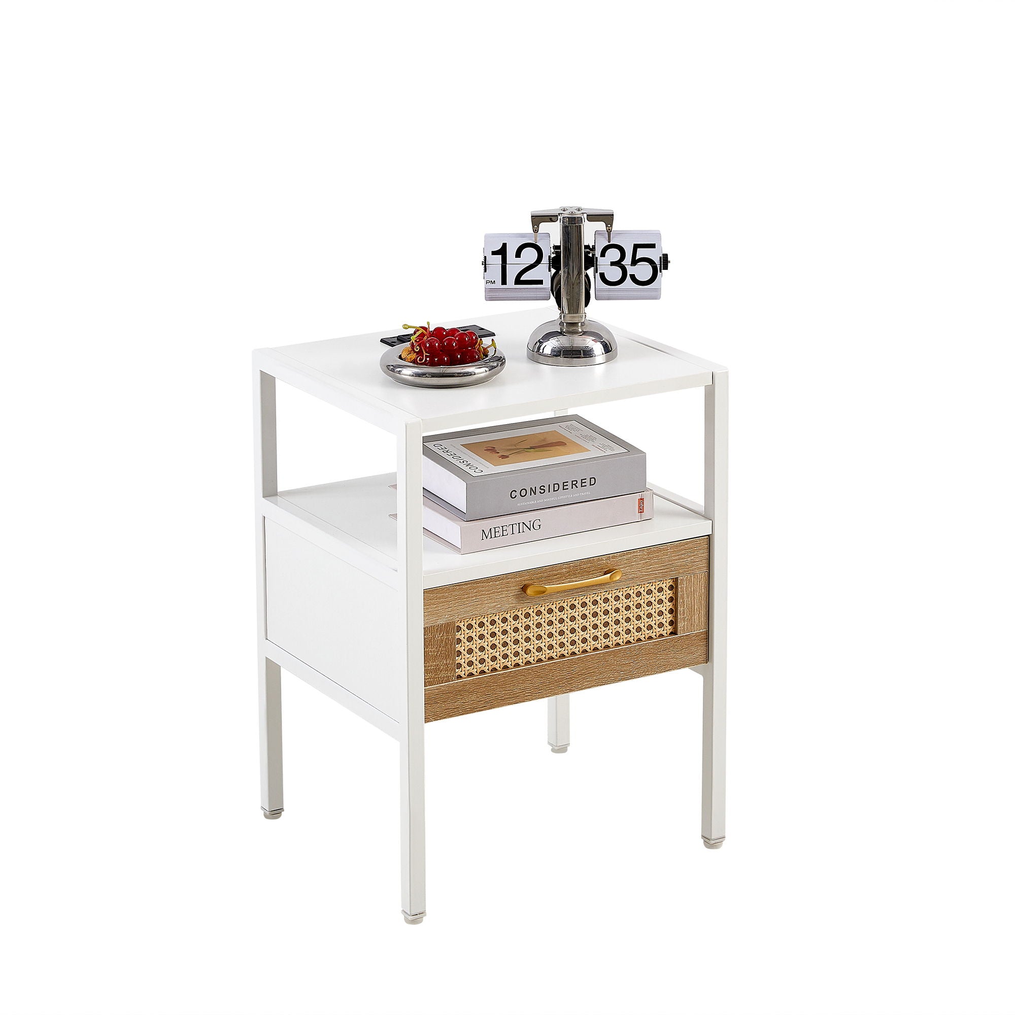 SYA Furniture - Rattan End Table With Power Outlet & USB Ports, Modern Nightstand With Drawer And Metal Legs, Side Table For Living Room, Bedroom image 11