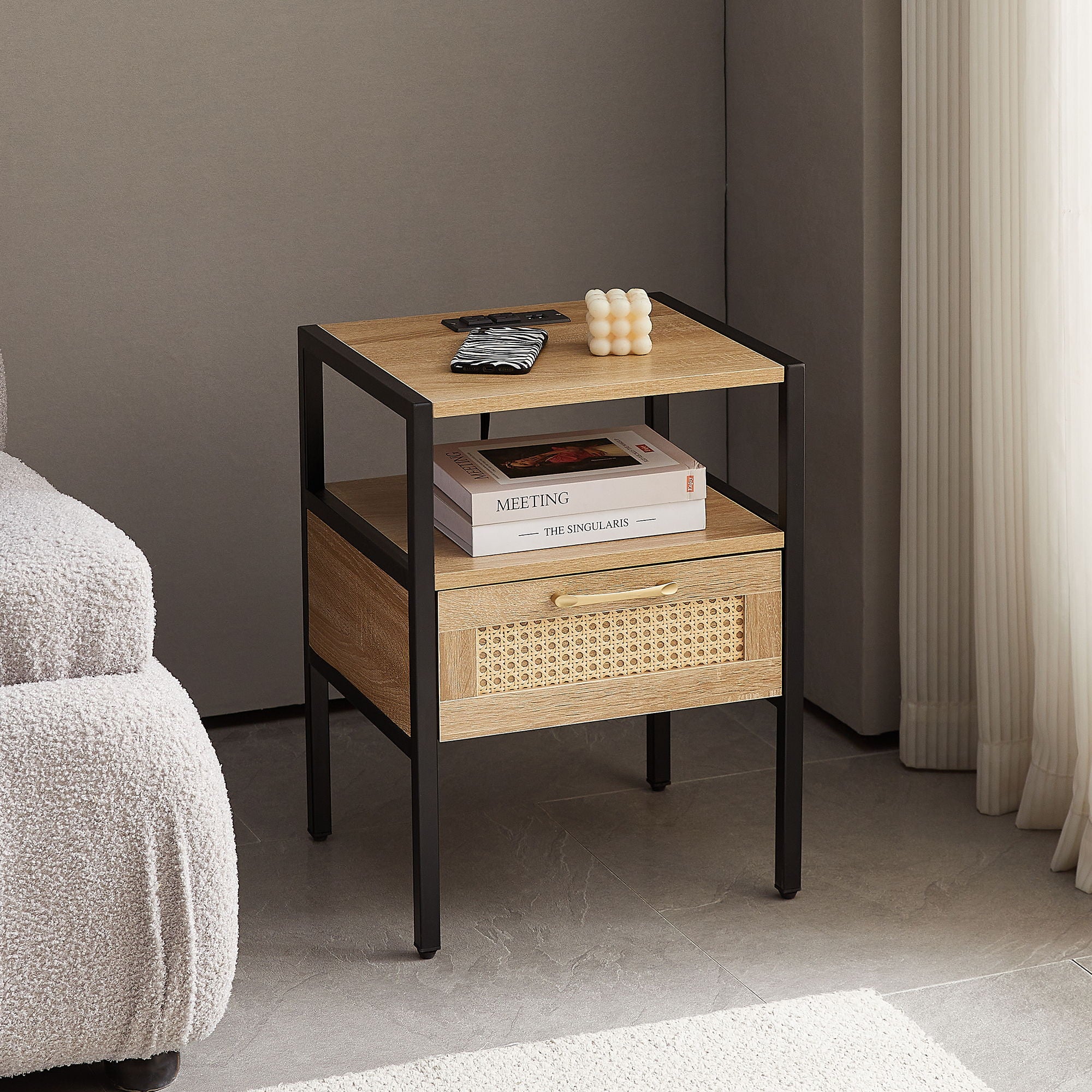SYA Furniture - Rattan End Table With Power Outlet & USB Ports, Modern Nightstand With Drawer And Metal Legs, Side Table For Living Room, Bedroom image 5