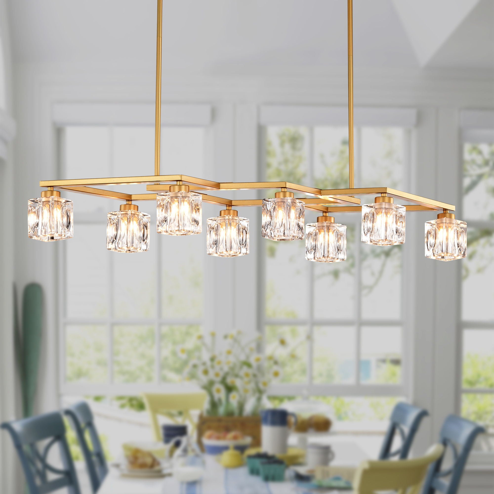 Hengermei - Crystal Chandelier For Dining Room, 8 Light Kitchen Chandelier Light Fixture Modern Metal Industrial Chandeliers For Farmhouse Entryway Living Room (8*G9 Bulbs Included) - Matte Gold image 2