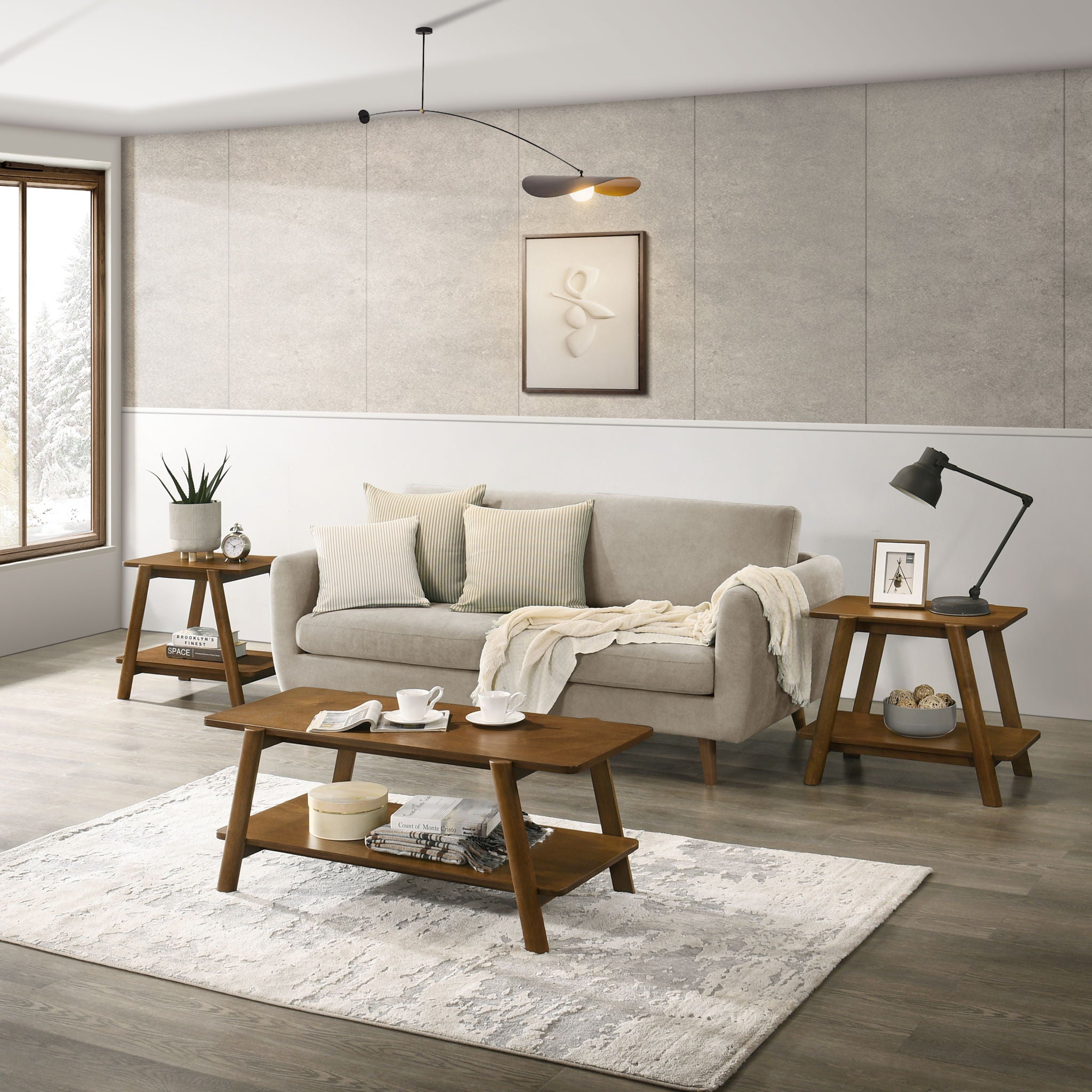 Hz - Metz - Mid-Century Modern Wood Shelf 3 Piece Coffee Table Set - Walnut image 2
