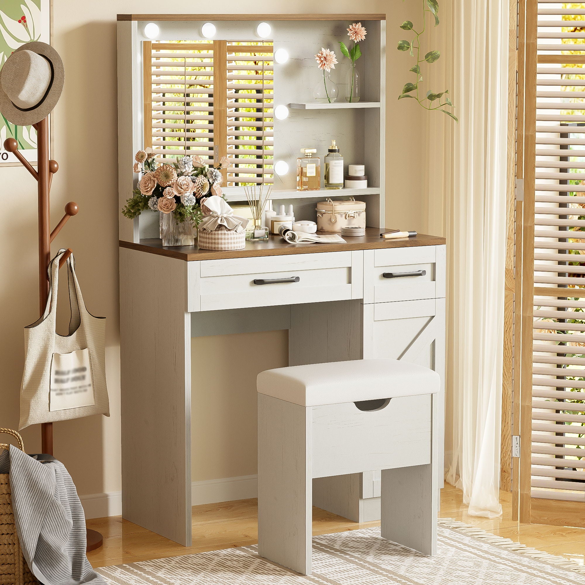 GO - Farmhouse Makeup Vanity Desk With Mirror And Lights, 3 Lighting Modes, Vanity Set With Stool, Dressing Table With Adjustable Shelves, 2 Drawers And Side Cabinet For Bedroom - White image 4