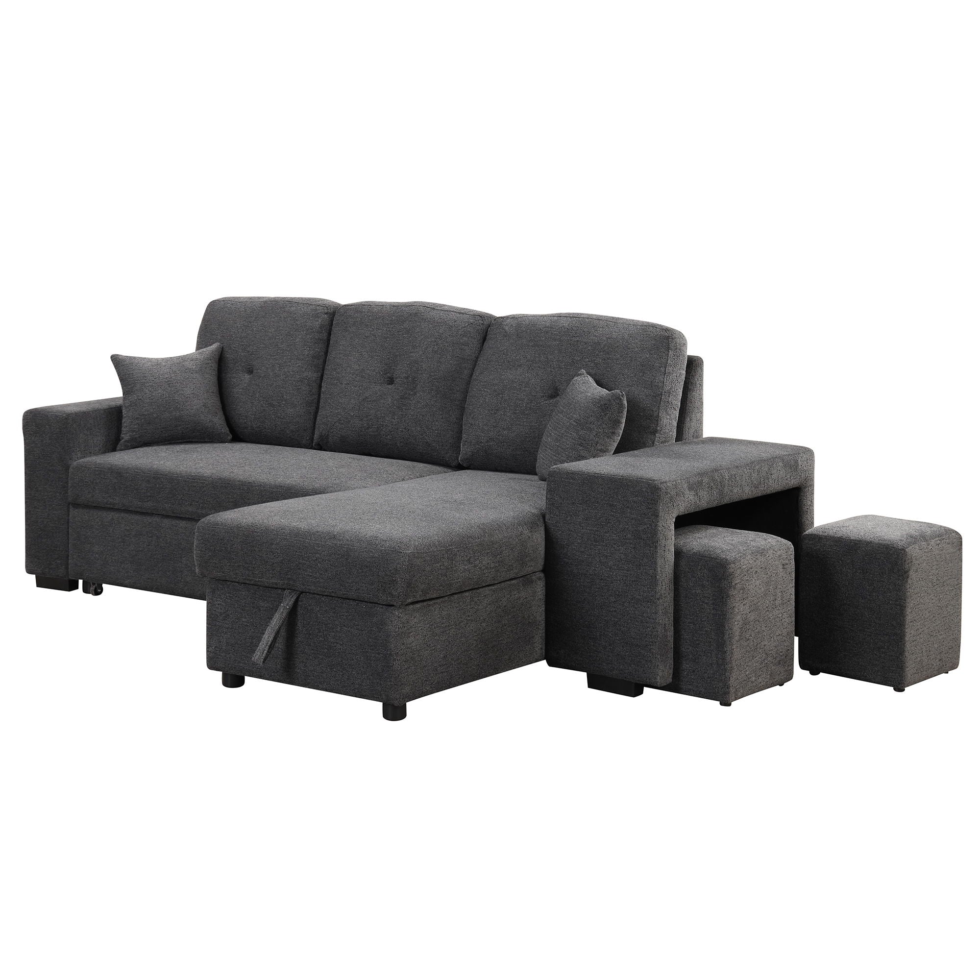 Oris Fur. - Reversible Sleeper Sectional Sofa Bed With Side Shelf And 2 Stools, Pull-Out L-Shaped Sofa Bed, Corner Sofa-Bed With Storage Chaise Left / Right Hande For Living Room image 4