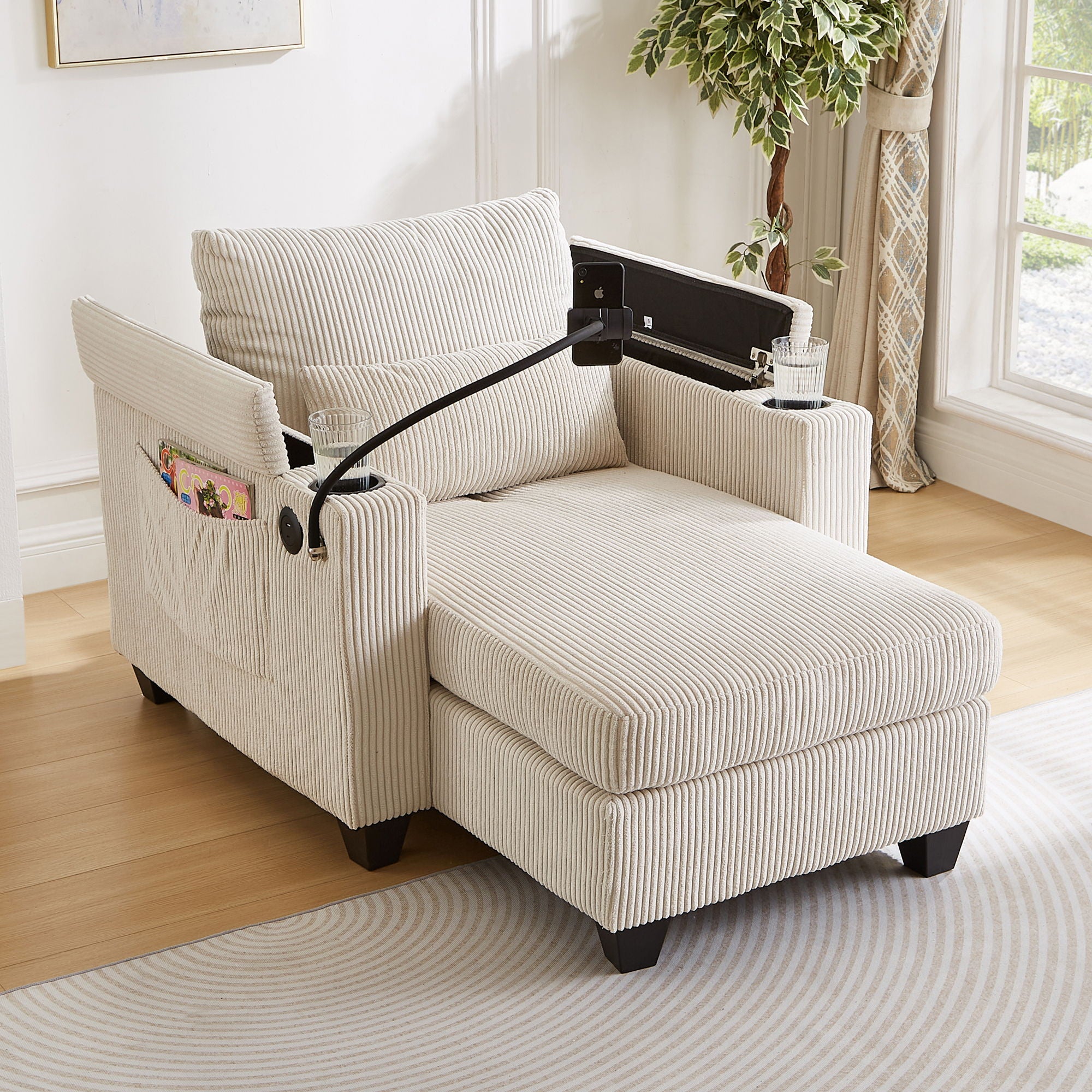Oris Fur. - Convertible Chaise Lounge Sofa Chair With USB Ports, Cup Holders, Phone Holder And Storage image 7