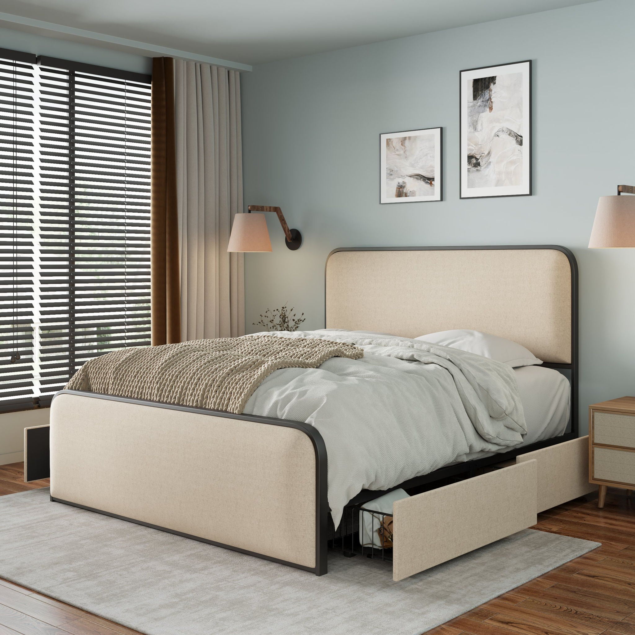 Bed Best - Modern Bed With Curved Upholstered Headboard And Footboard, Heavy Duty Metal Slats image 5