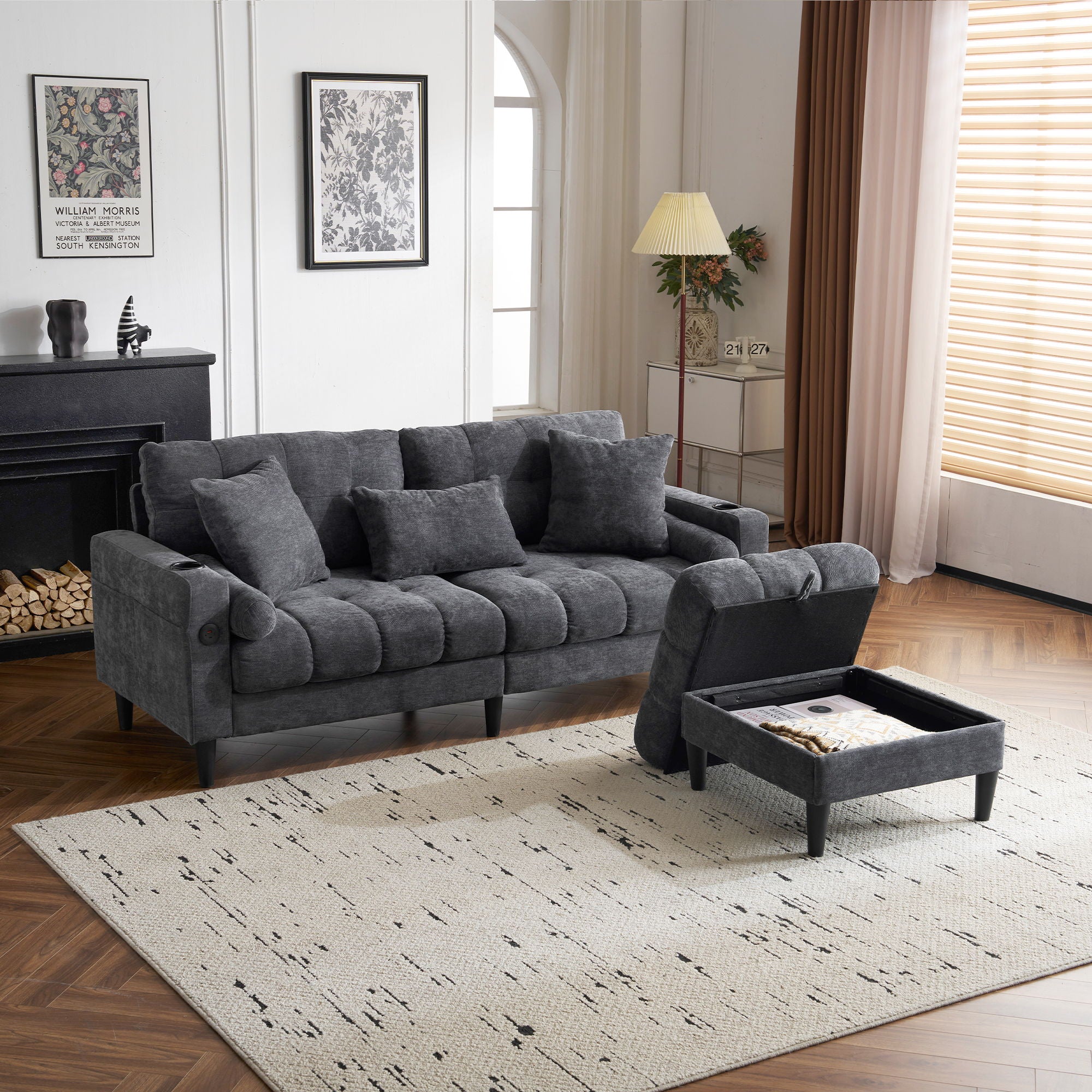 Altura Home - 3 Seat L-Shaped Chenille Sofa With Removable And Storage Ottoman, Side Storage, And USB / C - Type Charging Ports Sofa For Living Room image 2