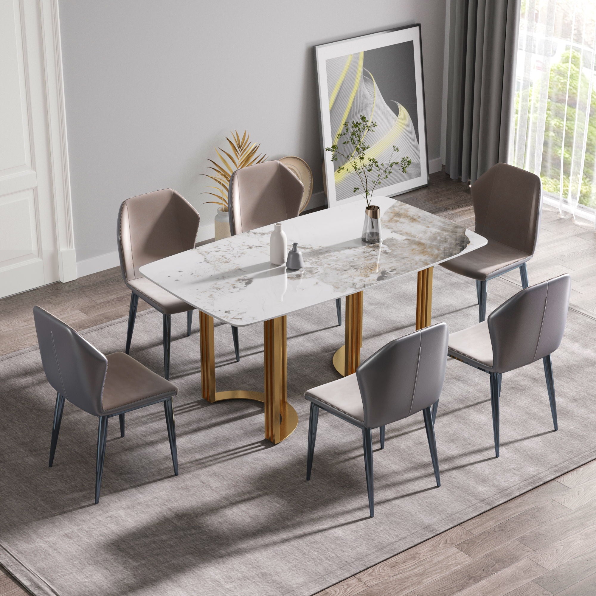 Atunus - 63" Modern Artificial Stone Pandora White Curved Metal Leg Dining Table, 6 People - Antique White image 2